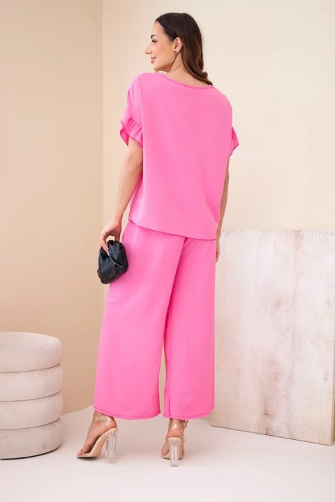 Komplet damski wiskozowy z bluzką z nadrukiem i spodniami jasny różowy