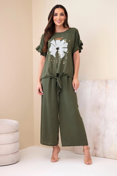 Wiskozowy komplet khaki z bluzką z nadrukiem i spodniami