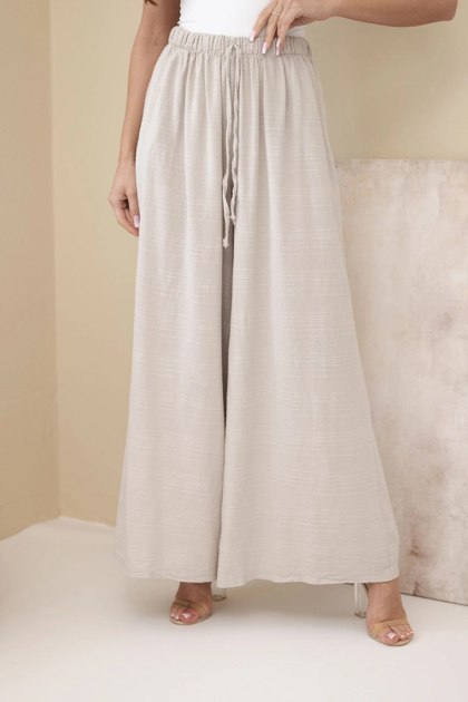 Spodnie damskie szerokie bawełniane z gumką w pasie beżowe