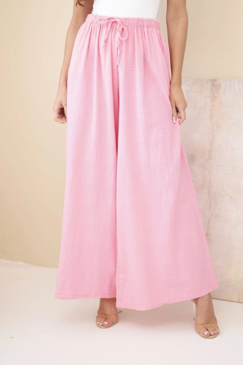 Spodnie damskie szerokie bawełniane z gumką w pasie cukierkowy róż