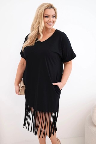 Sukienka damska bawełniana z dekoltem V i frędzlami Plus Size czarna