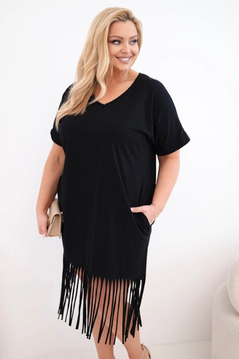 Czarna sukienka bawełniana z dekoltem V i frędzlami