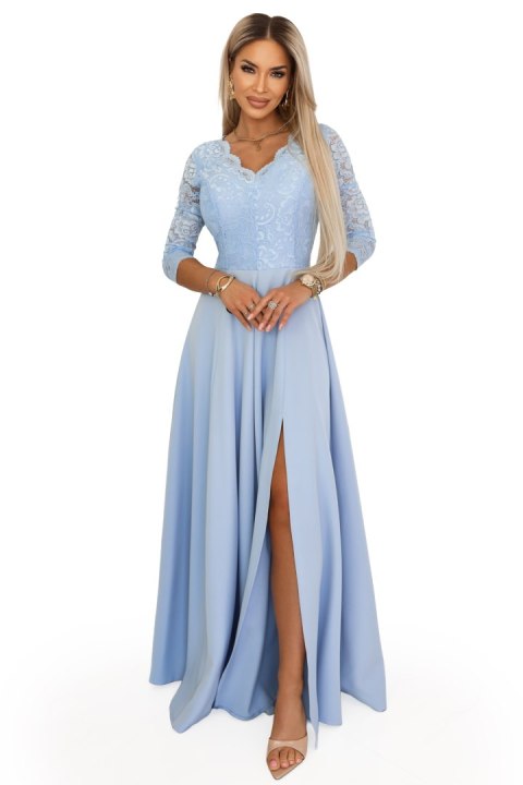 309-15 AMBER elegancka długa koronkowa suknia z dekoltem - błękitna