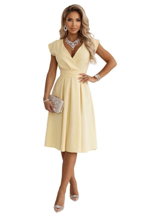 348-13 SCARLETT rozkloszowana sukienka midi z kopertowym dekoltem i paskiem - masełkowy żółty