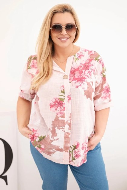 Bluzka damska bawełniana Plus Size z dekoltem V w kwiatowy wzór pudrowy róż