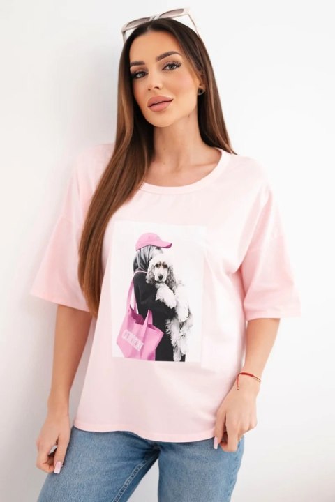 Bluzka damska bawełniana oversize z krótkim rękawem i modnym nadrukiem pudrowy róż