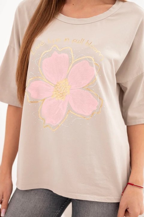 Bluzka damska bawełniana oversize z kwiatowym nadrukiem beżowa