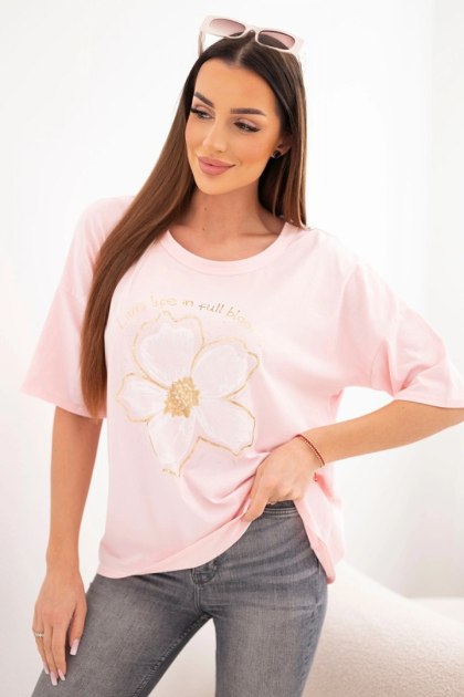 Bluzka damska bawełniana oversize z kwiatowym nadrukiem cukierkowy róż