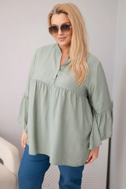 Bluzka damska wiskozowa Plus Size z falbaniastym rękawem i dekoltem V khaki
