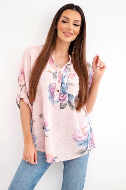 Bluzka damska z bawełny z kwiatowym wzorem pudrowy róż