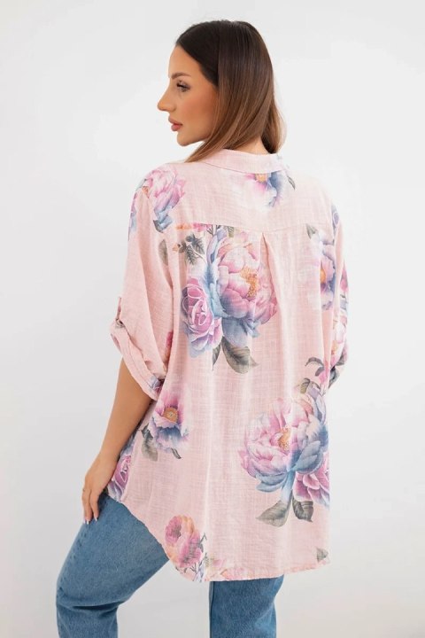 Pudrowo-różowa bluzka damska z bawełny w kwiatowy wzór