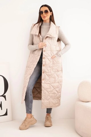 Kamizelka damska pikowana długa z kieszeniami i stójką ciemno beżowa