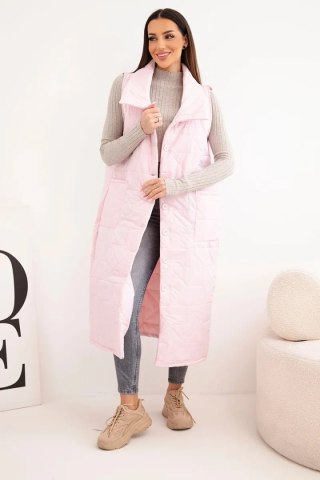 Kamizelka damska pikowana długa z kieszeniami i stójką cukierkowy róż