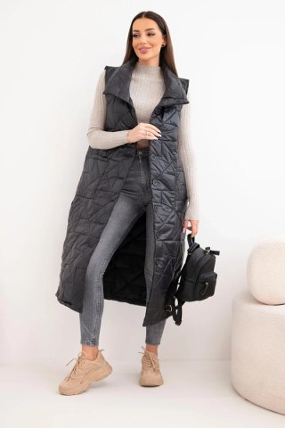 Kamizelka damska pikowana długa z kieszeniami i stójką czarna