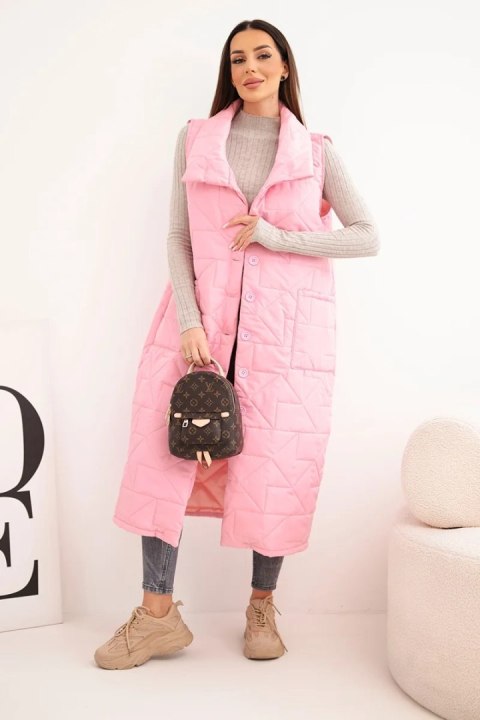 Kamizelka damska pikowana długa z kieszeniami i stójką jasno różowa