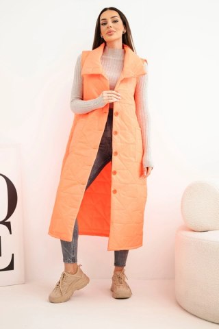 Kamizelka damska pikowana długa z kieszeniami i stójką pomarańczowy neon