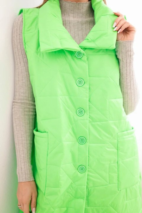 Kamizelka damska pikowana długa z kieszeniami i stójką zielony neon