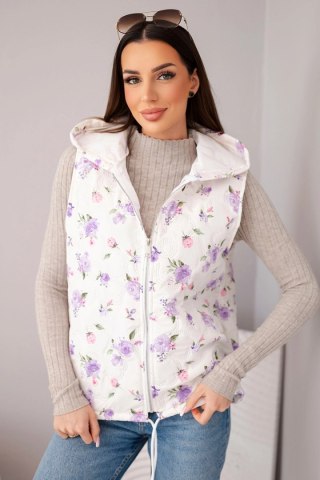 Kamizelka damska pikowana w kwiaty z kapturem fioletowa