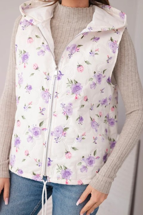 Kamizelka damska pikowana w kwiaty z kapturem fioletowa