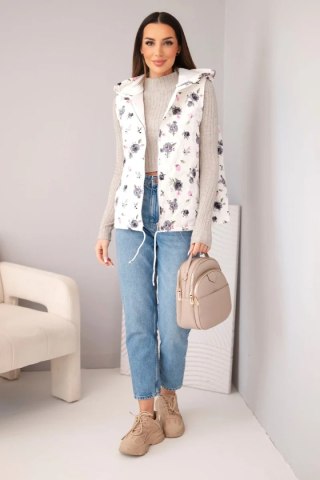 Kamizelka damska pikowana w kwiaty z kapturem grafitowa