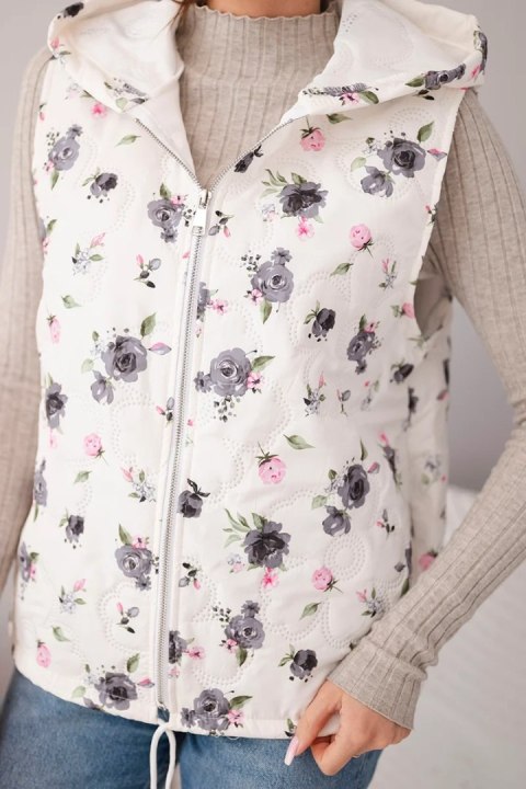 Kamizelka damska pikowana w kwiaty z kapturem grafitowa