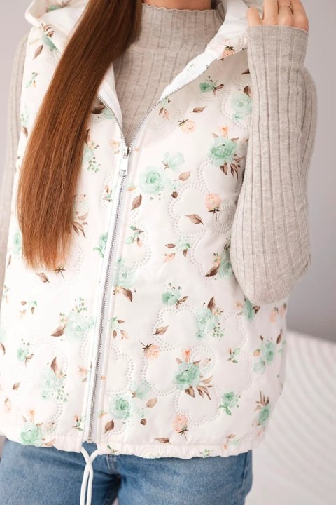 Kamizelka damska pikowana w kwiaty z kapturem miętowa