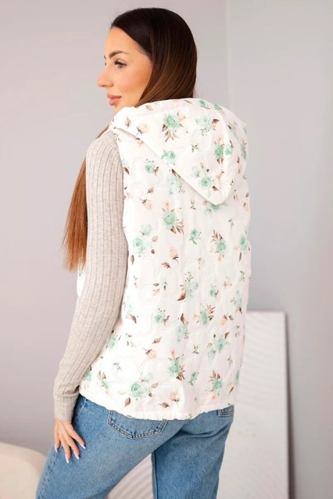 Kamizelka damska pikowana w kwiaty z kapturem miętowa