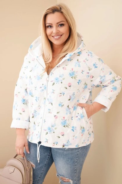 Kurtka damska wiosenna Plus Size w drobnym wzorem w kwiaty niebieska
