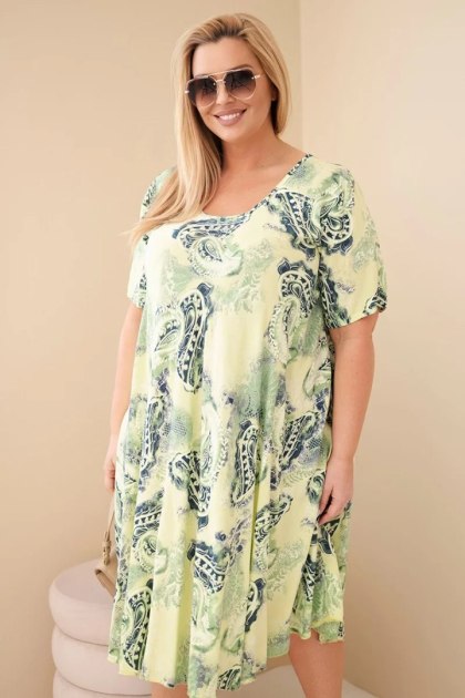 Sukienka damska wiskozowa Plus Size z krótkim rękawem i fasonem paisley jasno zielona