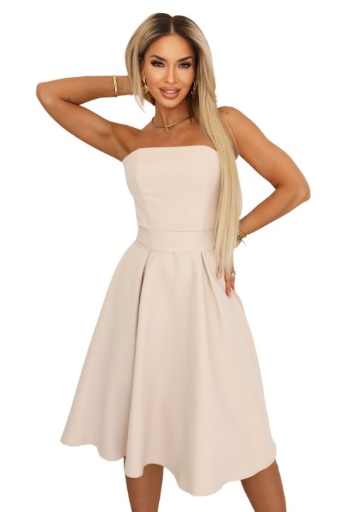 641-4 VIVIENNE gorsetowa rozkloszowana sukienka midi z paskiem - jasny beż