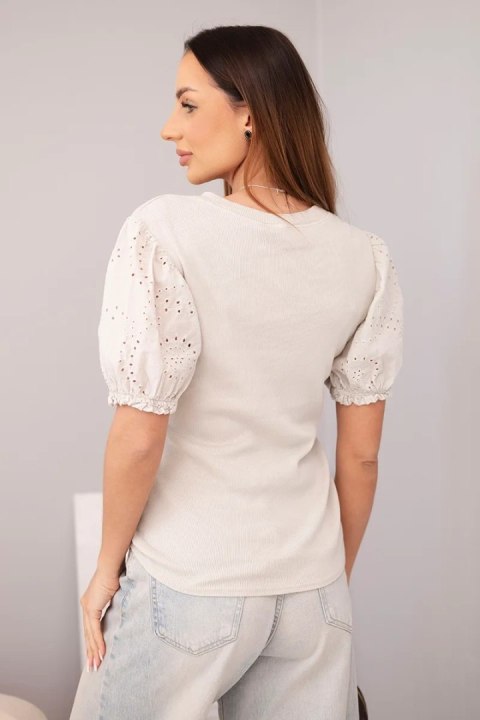 Bluzka damska bawełniana prążkowana z bufiastym rękawem i guziczkami beżowa