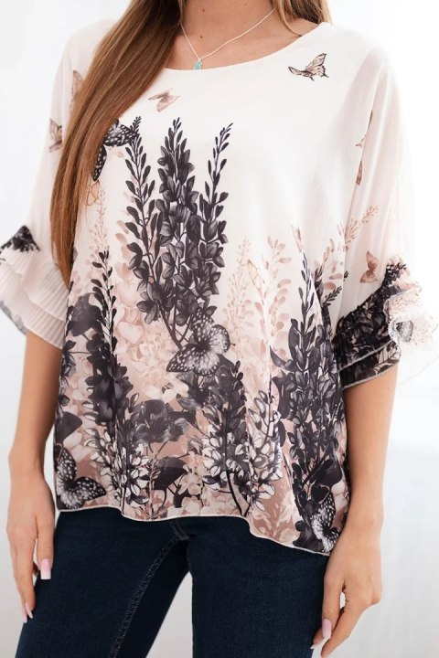 Bluzka damska z plisowanym rękawem i nadrukiem czarna