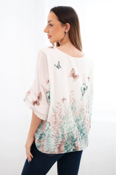 Bluzka damska z plisowanym rękawem i nadrukiem miętowa