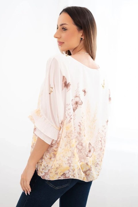 Bluzka damska z plisowanym rękawem i nadrukiem żółta