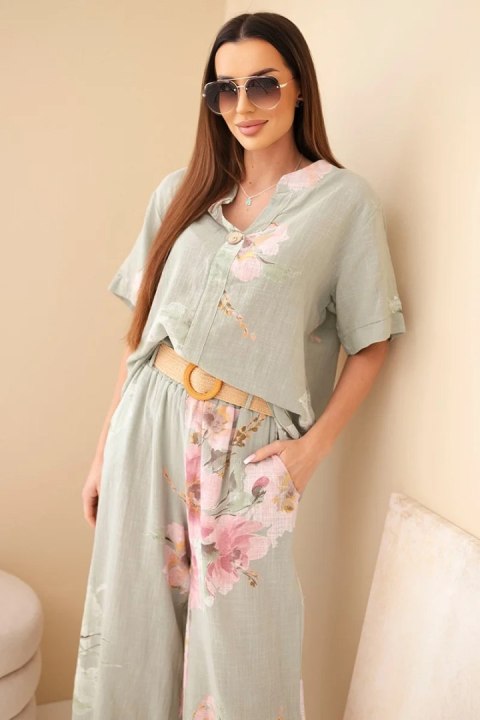 Bawełniany komplet damski khaki z szerokimi nogawkami