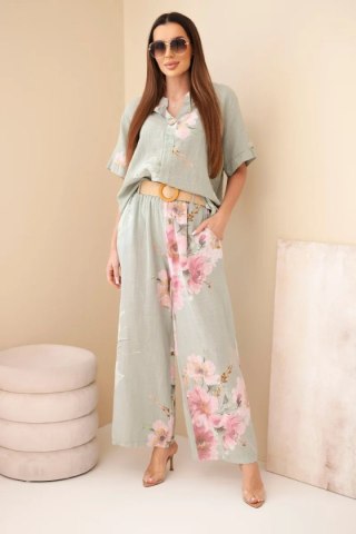 Komplet damski bawełniany z krótkim rękawem i szeroką nogawką khaki