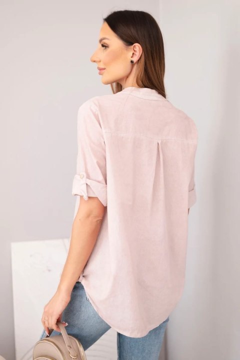 Bluzka damska koszulowa bawełniana z krótkim rękawem i kieszonką ciemny pudrowy róż