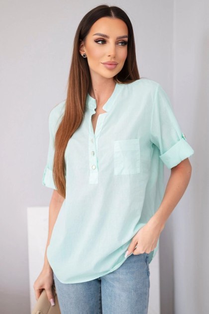 Bluzka damska koszulowa bawełniana z krótkim rękawem i kieszonką miętowa
