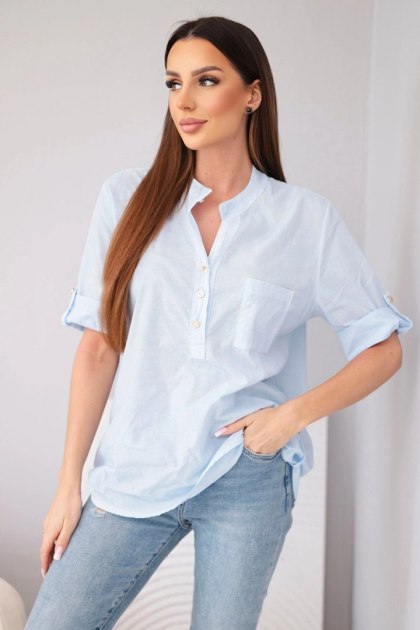 Bluzka damska koszulowa bawełniana z krótkim rękawem i kieszonką niebieska