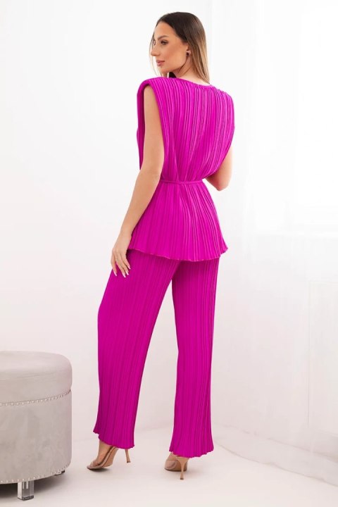 Komplet damski wiskozowy plisowany z wiązaną bluzką i szerokimi spodniami ciemny fioletowy