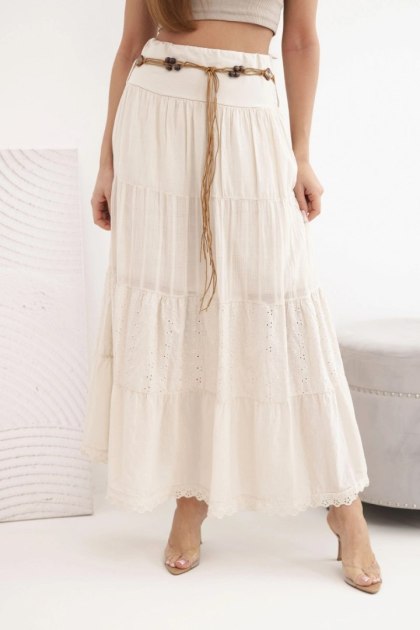 Spódnica damska maxi bawełniana z ażurowym haftem i elastycznym pasem beżowa
