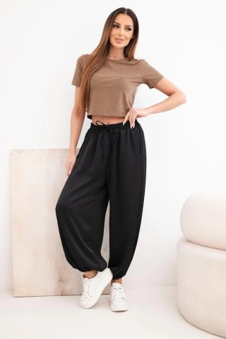 Spodnie damskie szerokie z gumką w pasie i wiązaniem typu alladynki czarne