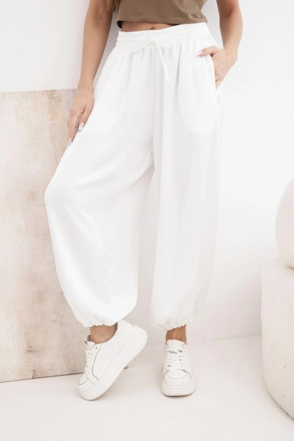 Spodnie damskie szerokie z gumką w pasie i wiązaniem typu alladynki ecru