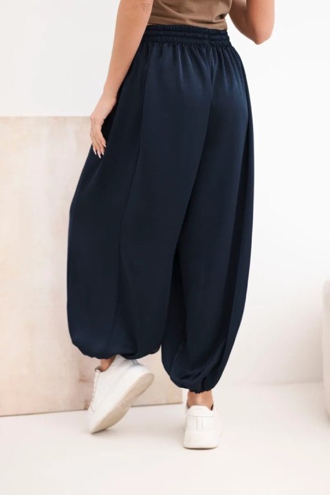 Spodnie damskie szerokie z gumką w pasie i wiązaniem typu alladynki granatowe