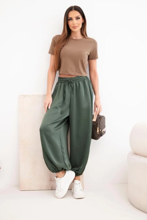 Szerokie spodnie damskie alladynki khaki z gumką w pasie