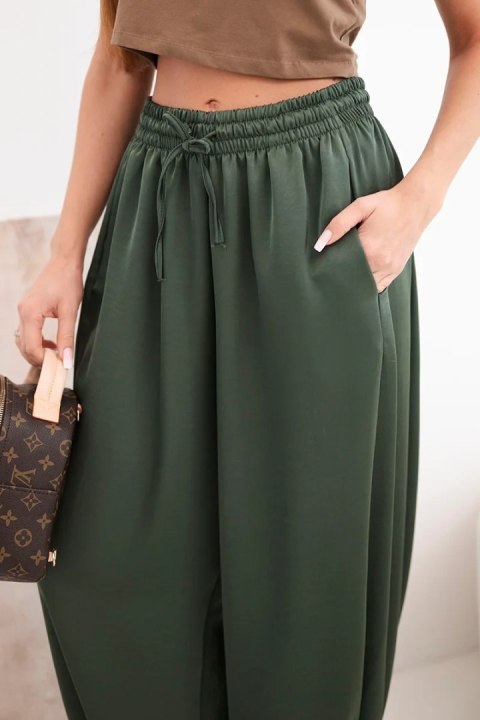 Spodnie damskie szerokie z gumką w pasie i wiązaniem typu alladynki khaki