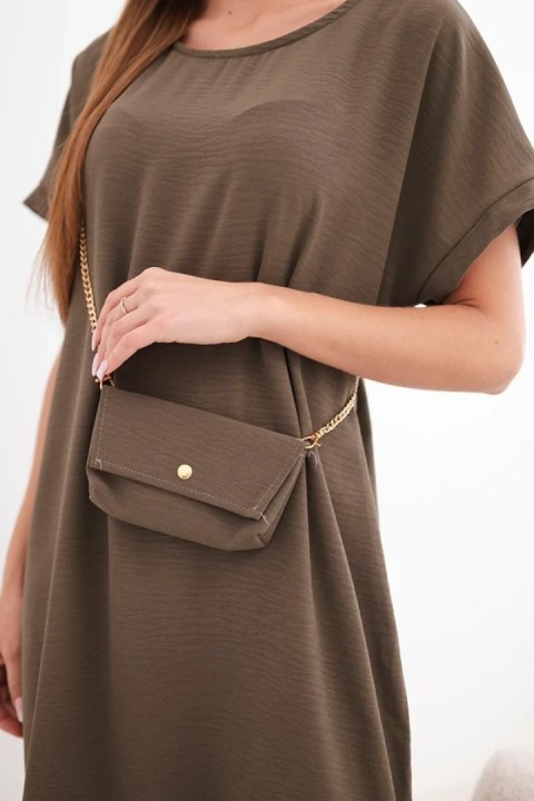 Sukienka damska z krótkim rękawem i torebką na łańcuszku brązowa