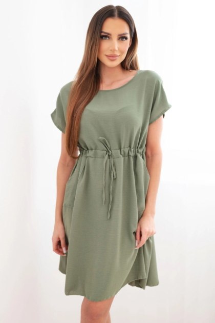 Sukienka damska z krótkim rękawem i wiązaniem w pasie khaki