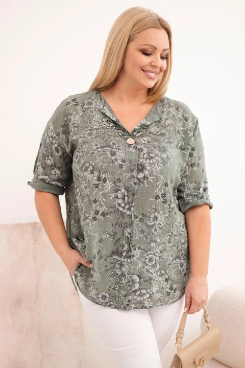 Bluzka damska bawełniana Plus Size z ozdobnym guzikiem khaki