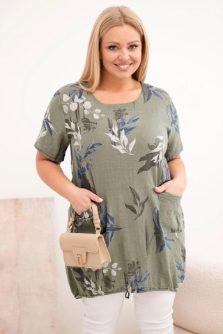 Bluzka damska bawełniana Plus Size z krótkim rękawem i wiązaniem na dole khaki